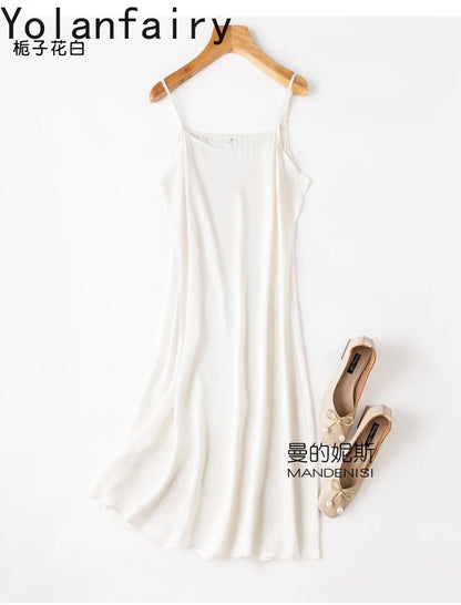 YOLANFAIRY 19momme 93% Mulberry Silk Spaghetti Strap Dress for Women Elegant Mid-length Sexy Real Silk Summer Dresses Woman 원피스