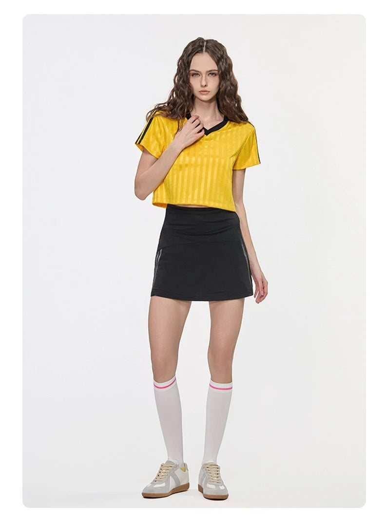Customized LOGO Women's Spice Girls V-Neck Football Sports T-Shirt Patch Striped Casual Retro Short Sleeve Top