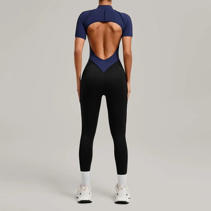 SOISOU Zipper Jumpsuit Women Nylon Clothing Sportswear Woman Gym Yoga Sport Sets Short Sleeve Workout Sets Women Tracksuit