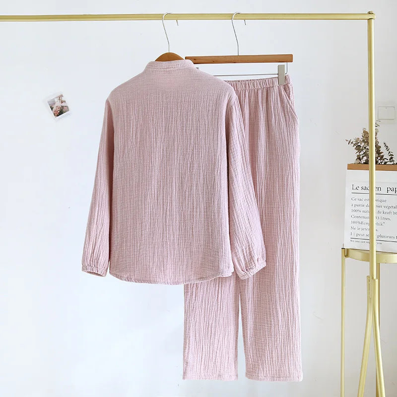 2026 Spring and Autumn New Couple Pajama Set 100% Pure Cotton Crepe Cloth Men's and Women's Stand up Neck Simple Home Clothing