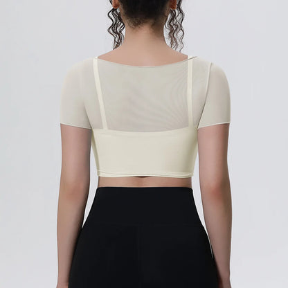 Hearuisavy Women's Mesh Short Sleeve Yoga Top With Padded Bra Fake Two Piece Gym Clothing Quick Dry Sports Crop Top Fitness Top