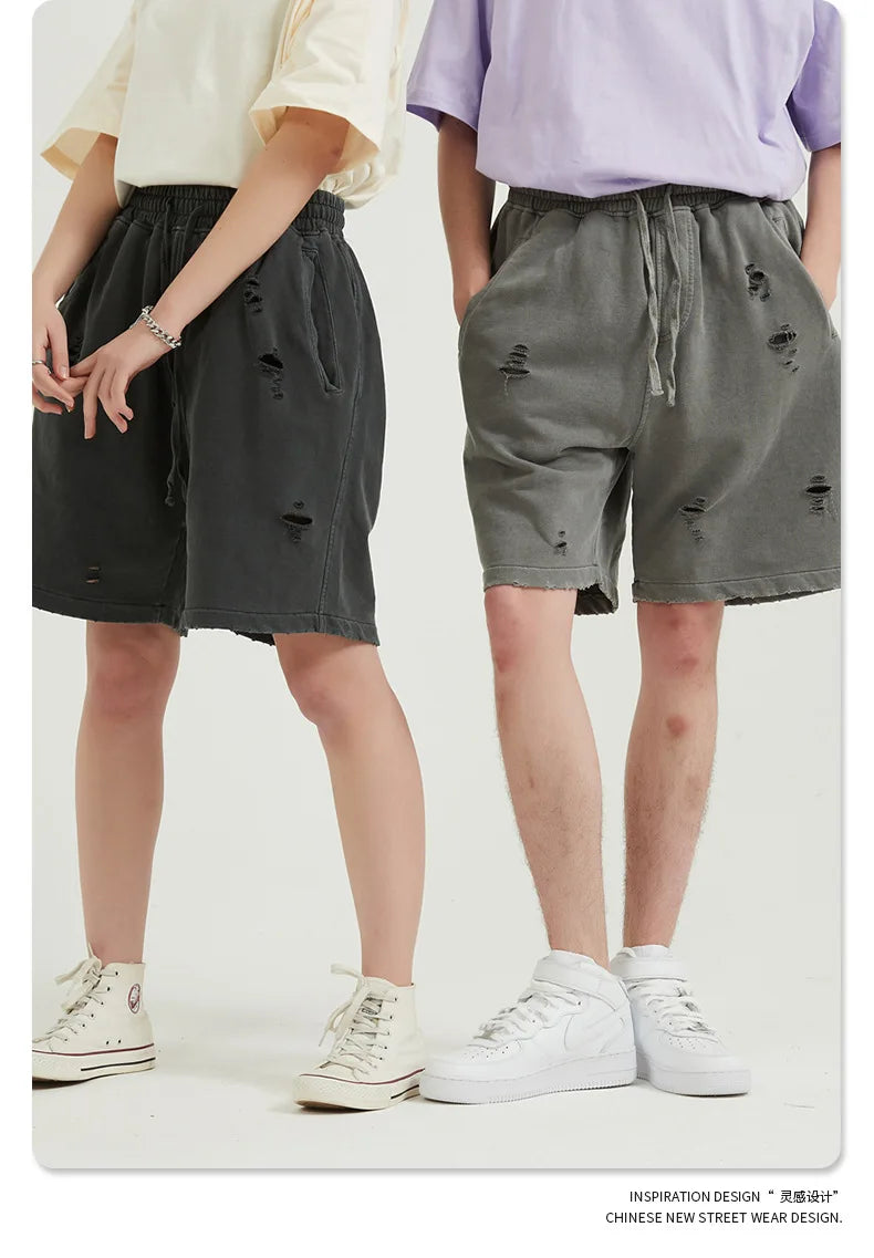 Customized LOGO Men's Heavy 100% Cotton High Street Wind Wash Old Loose Cut Couple Retro Shorts