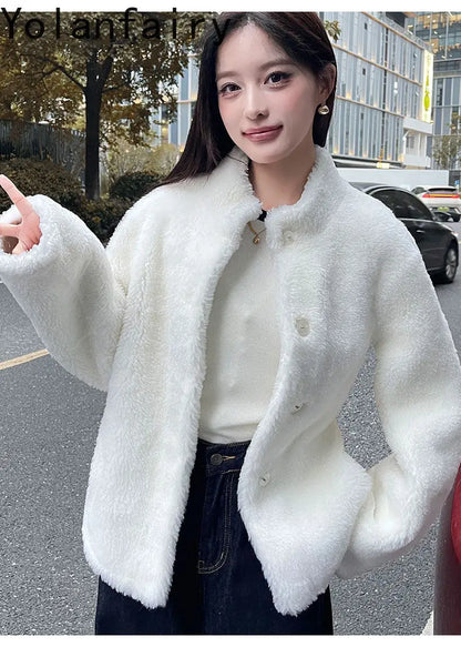 YOLANFAIRY 100% Genuine Leather Jacket Women Warm Natural Fur Coat Woman Winter Short Real Lamb White Fur Coats Jaqueta Feminina