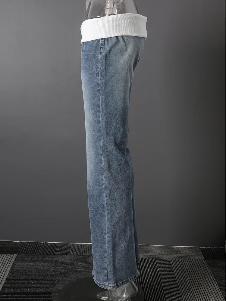 DEAT Fashion Fold Over Waist Flare Jeans Women's Low Waist Slim Light Blue Denim Pants Summer New