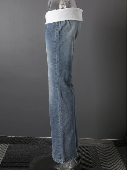 DEAT Fashion Fold Over Waist Flare Jeans Women's Low Waist Slim Light Blue Denim Pants Summer New