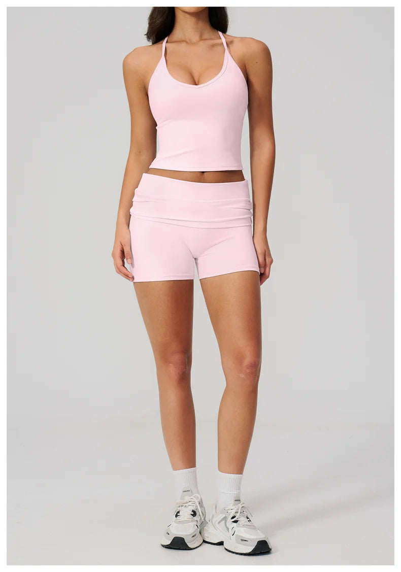 TRY TO BN Two Pieces Women's Tracksuit Vest Sling Top Set Fold-over Waist Yoga Shorts Hip Lifting Running Fitness Gym Activewear