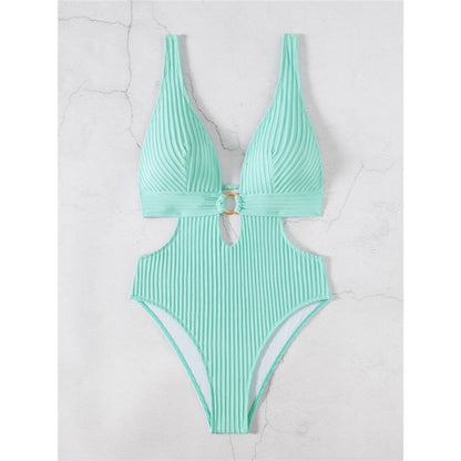 Sexy 8 Colors Deep V Neck Cut Out One Piece Swimsuit Women Swimwear Female High Leg Cut Monokini Bather Bathing Suit Swim V7177