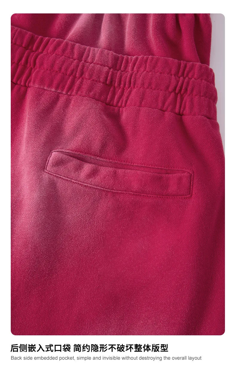 Custom LOGO men's 320G heavy 100% washed and old double waist high waist medium pants loose casual sports five-point shorts
