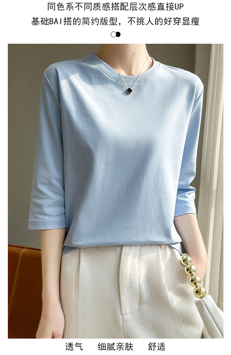 Spring And Summer New White Mercerized Cotton Short Sleeve T-Shirt Feminine Joker Cotton Cropped Sleeve Bottoming Shirt