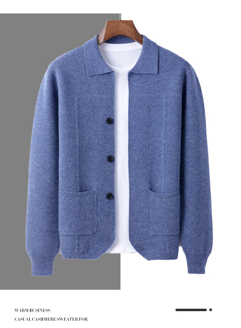 100% Merino Wool Men's Lapel Collar Knit Cardigan Autumn Winter Thicken Solid Color POLO Neck Suit Shirt Cashmere Jacket Sweater