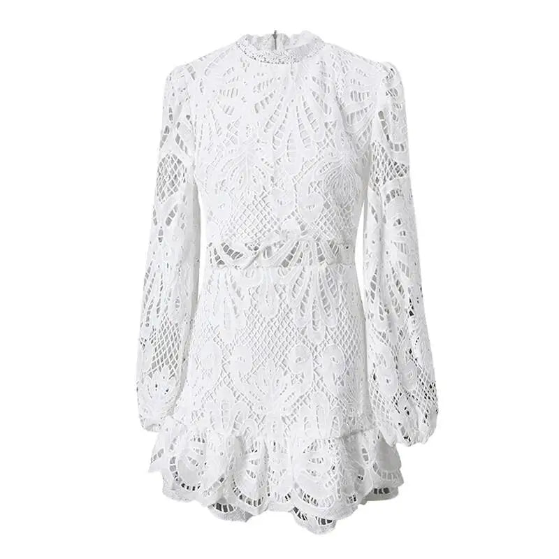 DEAT Fashion White Stand Collar Lantern Long Sleeve Water-soluble Lace Dress A-line Ruffle Hollow Party Mini Dresses Summer New