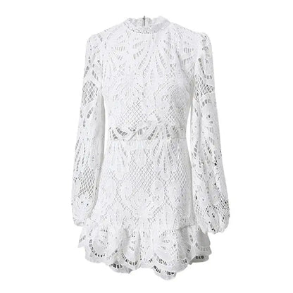 DEAT Fashion White Stand Collar Lantern Long Sleeve Water-soluble Lace Dress A-line Ruffle Hollow Party Mini Dresses Summer New