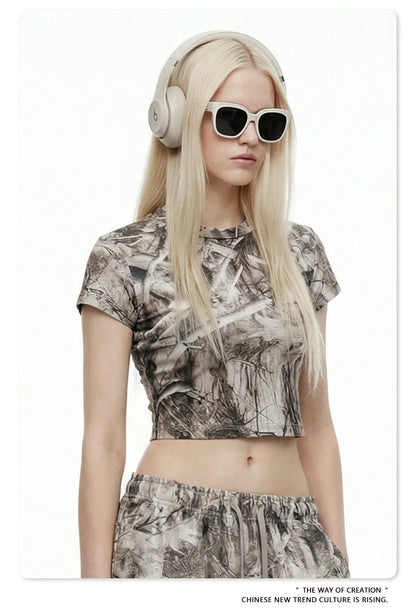Custom LOGO women's 315G cotton polyester summer short front shoulder camouflage short-sleeved T-shirt vest casual sports suit