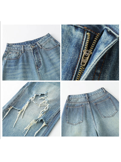 CHIC VEN Women Jeans Loose Casual High Waisted Wide Leg Ripped Rough Edge Denim Pants Female Trousers Spring Autumn 2025