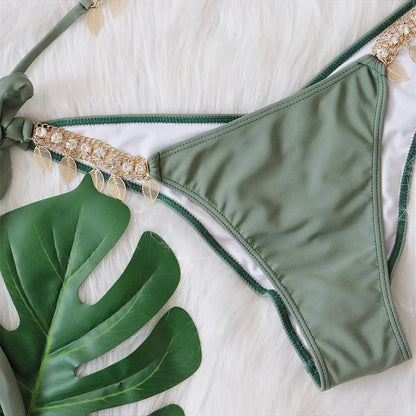 Jewelled Rhinestone Scrunch Butt Bikini Female Swimsuit Women Swimwear Two-pieces Bikini set Bather Bathing Suit Swim Lady V3396