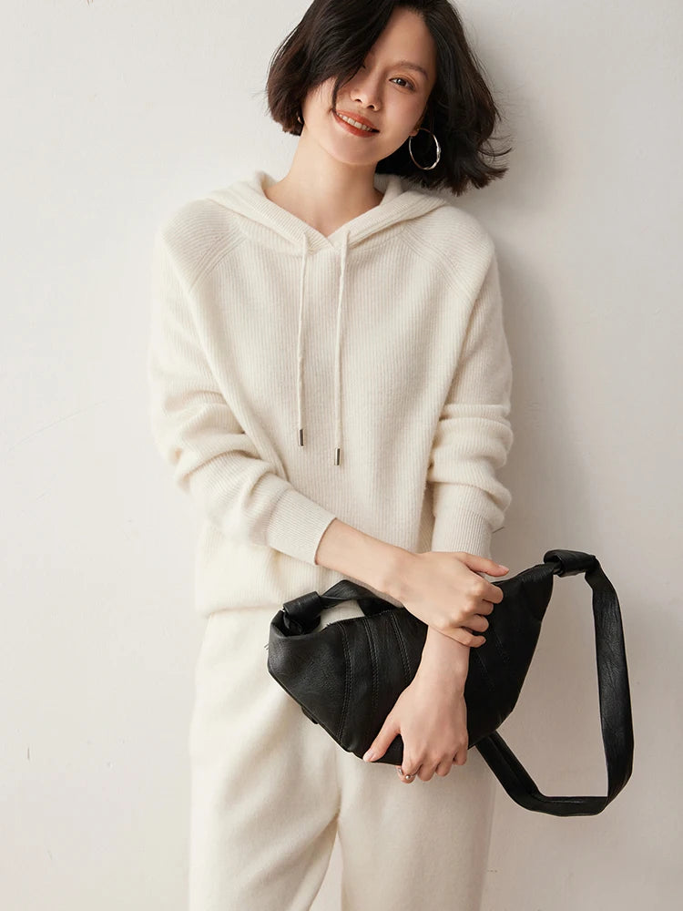 CHICUU Autumn Winter Women Hoodie Pullover Sweater 100% Cashmere Knitwear Soft Warm Casual Style Hooded Sweater Tops