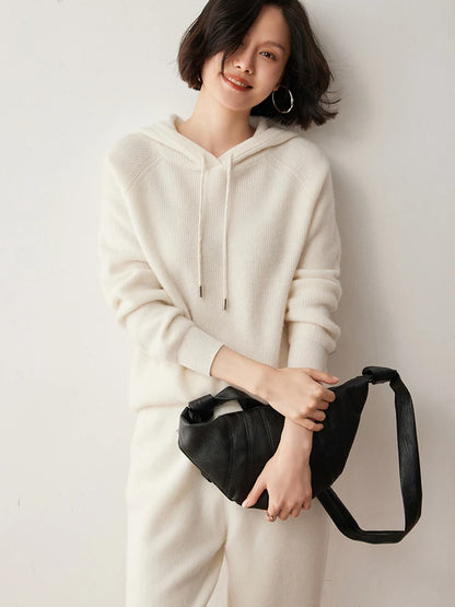CHICUU Autumn Winter Women Hoodie Pullover Sweater 100% Cashmere Knitwear Soft Warm Casual Style Hooded Sweater Tops