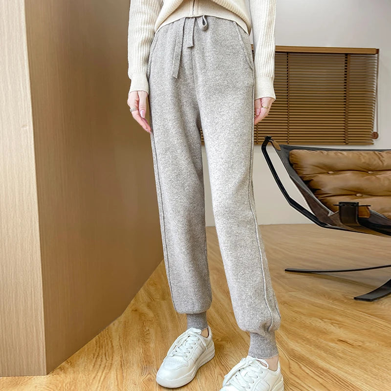 DjzDsm Women's Wool Pencil Pants Autumn Winter 100% Merino Wool Knitted Trousers Thick Soft Warm Pocket Casual Style Comfy Pants