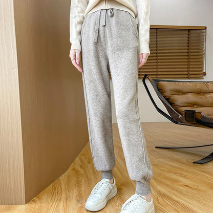 DjzDsm Women's Wool Pencil Pants Autumn Winter 100% Merino Wool Knitted Trousers Thick Soft Warm Pocket Casual Style Comfy Pants