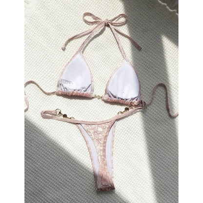 S - XL Leopard Pearl Mini Micro Thong Bikini Female Swimsuit Women Swimwear Two-piece Bikini set Bather Bathing Suit Swim V5207B