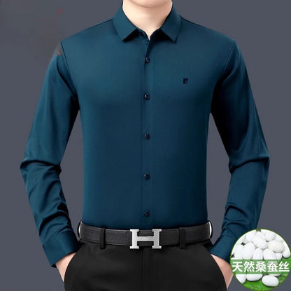 YOLANFAIRY 100% Mulberry Silk Long Sleeve Shirt Man Spring Autumn Casual Silk Mens Shirts Warm Male White Shirt chemises hommes