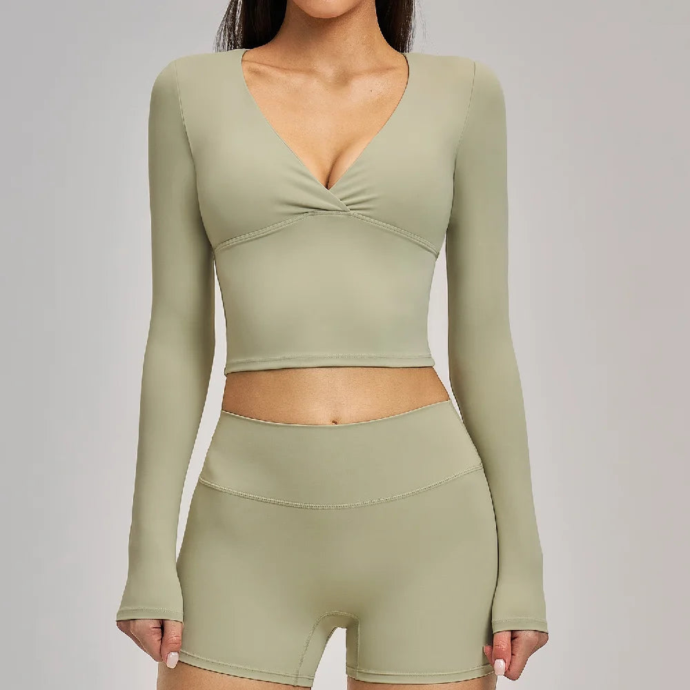 Deep-V Yoga Long Sleeve Solid Sports T-shirts Women's Gym Workout Shirts Sexy Quick Dry Fitness Long Sleeve Female Yoga Shirts