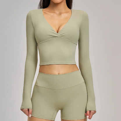 Deep-V Yoga Long Sleeve Solid Sports T-shirts Women's Gym Workout Shirts Sexy Quick Dry Fitness Long Sleeve Female Yoga Shirts