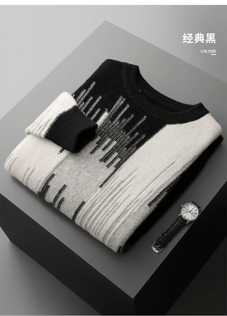 Men's 100% Merino Wool Color-Blocked O-Neck Sweater Long Sleeves Fashion Pullover Cashmere Loose Soft Warm Leisure Clothing Top