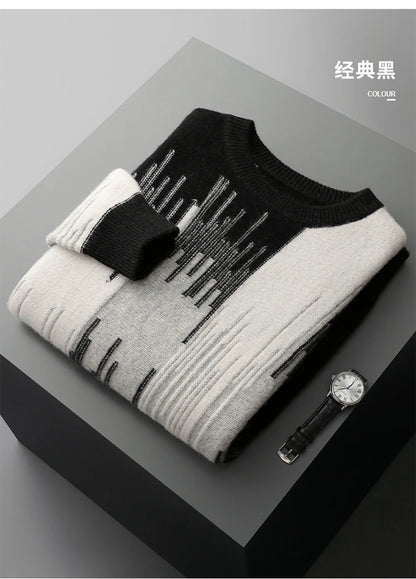 Men's 100% Merino Wool Color-Blocked O-Neck Sweater Long Sleeves Fashion Pullover Cashmere Loose Soft Warm Leisure Clothing Top