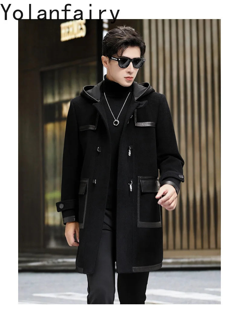 YOLANFAIRY Luxury Woolen Jackets for Man Autumn Winter Mid-length Pure Wool Patchwork Sheepskin Trench Coat Hooded Mens Jacket
