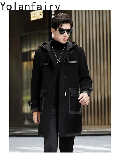 YOLANFAIRY Luxury Woolen Jackets for Man Autumn Winter Mid-length Pure Wool Patchwork Sheepskin Trench Coat Hooded Mens Jacket
