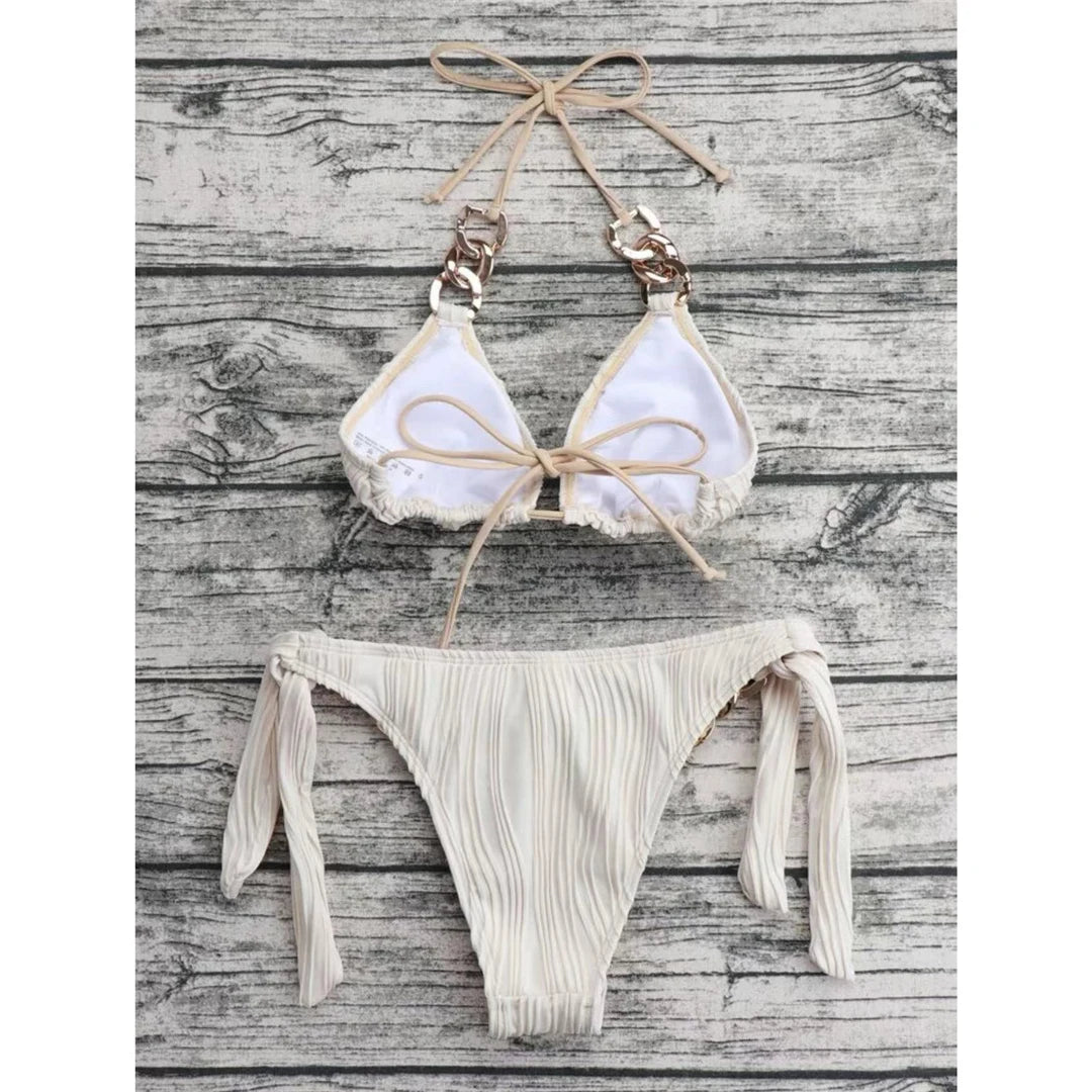 Metal Rings Halter Wrinkled Bikini Female Swimsuit Women Swimwear Two-pieces Bikini set Bather Bathing Suit Swim Lady V4149SW