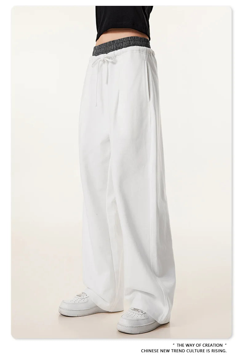 Custom LOGO Men's 2025 Summer 280G American Neutral Wind Splicing Double Waist Wide Leg Pants Sports Straight Couple Sweatpants