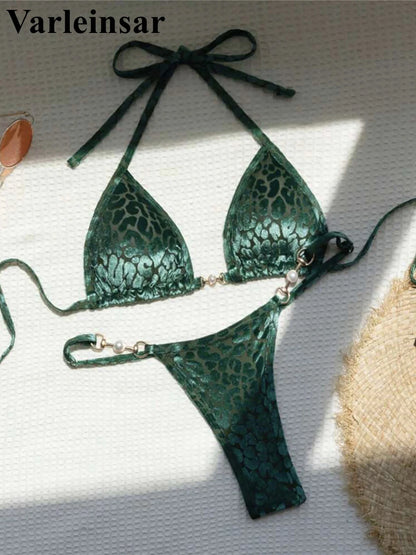 S - XL Leopard Pearl Mini Micro Thong Bikini Female Swimsuit Women Swimwear Two-piece Bikini set Bather Bathing Suit Swim V5207B