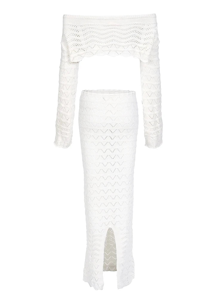 Sexy Knit One-neck Long Sleeve Short Top Drawstring Half Skirt Beach Two-piece 2026 Women Summer Swimsuit Cover Up Chic Set K172