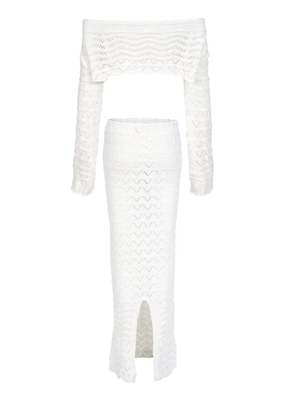 Sexy Knit One-neck Long Sleeve Short Top Drawstring Half Skirt Beach Two-piece 2026 Women Summer Swimsuit Cover Up Chic Set K172