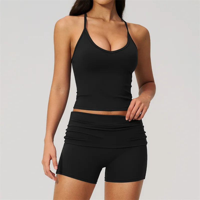 TRY TO BN Two Pieces Women's Tracksuit Vest Sling Top Set Fold-over Waist Yoga Shorts Hip Lifting Running Fitness Gym Activewear