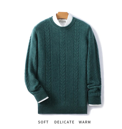 100% Merino Wool Sweater Men's Round Neck Thickened Tops Autumn Winter New Soft Warm Casual Solid Color Knitted Pullover