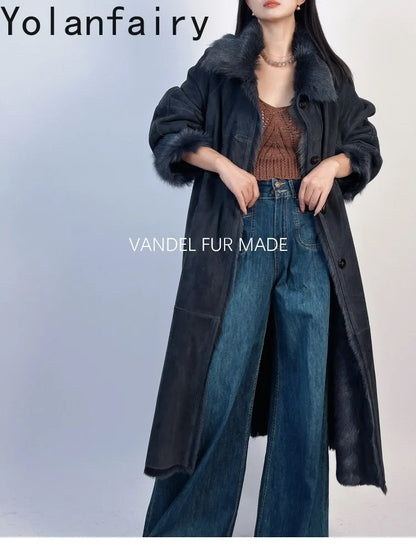 YOLANFAIRY Real Goatskin Leather Fur Coats for Women Winter High-end Natural Fur Coat Lazy Style Long Leather Jacket Luxury Wear