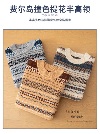 Autumn/Winter New Men's Sweater Jumper 100% Pure Wool Knitt Half High Neck Pullover Business Casual Jacquard Thickened Menswear