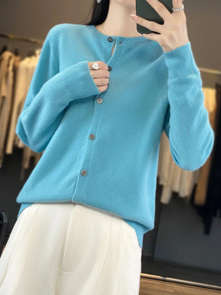 100% Merino Wool Sweater Women O-Neck Cardigan Basic Style  Buttoned Knitwear Female Casual Autumn Winter Soft Tops