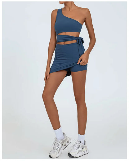 Tennis Dress Women Golf One Shoulder Hollow Out Bandage Slim Fit Fitness Tennis Short Skrit Badminton Dress One-Pieces Yoga Set