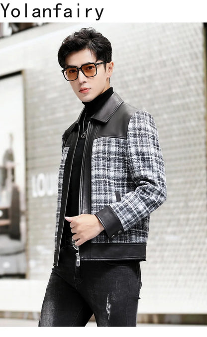 YOLANFAIRY Plaid Wool Spliced Genuine Sheepskin Jacket for Man Spring Autumn Short Woolen Coat Turn Down Collar abrigo hombre