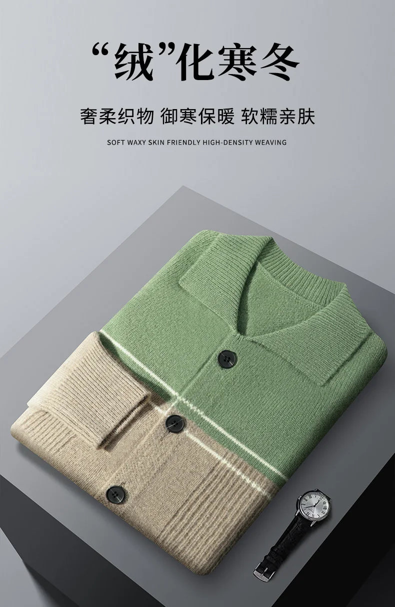 100% Merino Wool Men's Lapel Collar Knit Cardigan Coat 2025 Spring/ Autumn New POLO Neck Business Casual Cashmere Jacket Sweater