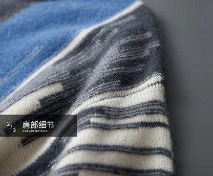 Men's 100% Merino Wool Color-Blocked O-Neck Sweater Long Sleeves Fashion Pullover Cashmere Loose Soft Warm Leisure Clothing Top