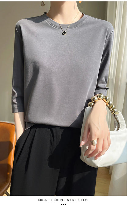 Spring And Summer New White Mercerized Cotton Short Sleeve T-Shirt Feminine Joker Cotton Cropped Sleeve Bottoming Shirt
