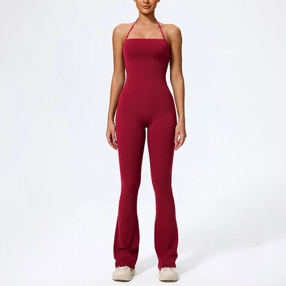 New Summer Women Sleeveless Hang Neck Jumpsuit Backless Flared Activewear Female Yoga Clothes Sport Outfit For Woman Overalls