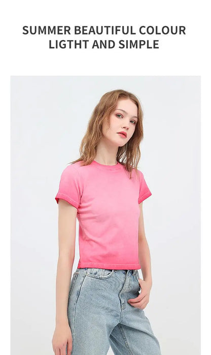 Female 240GSM Gradient Washed Custom LOGO Solid Slim  T-Shirt Soft Cotton Streetwear Casual Short Sleeve Cool Retro For Women