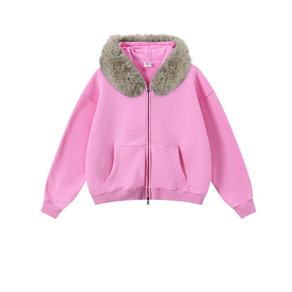 Custom LOGO Men's 400G Autumn Winter Retro Washed Boxy Fleece Collar Plush Thickened  Hooded  Zipper Jacket Couple style set