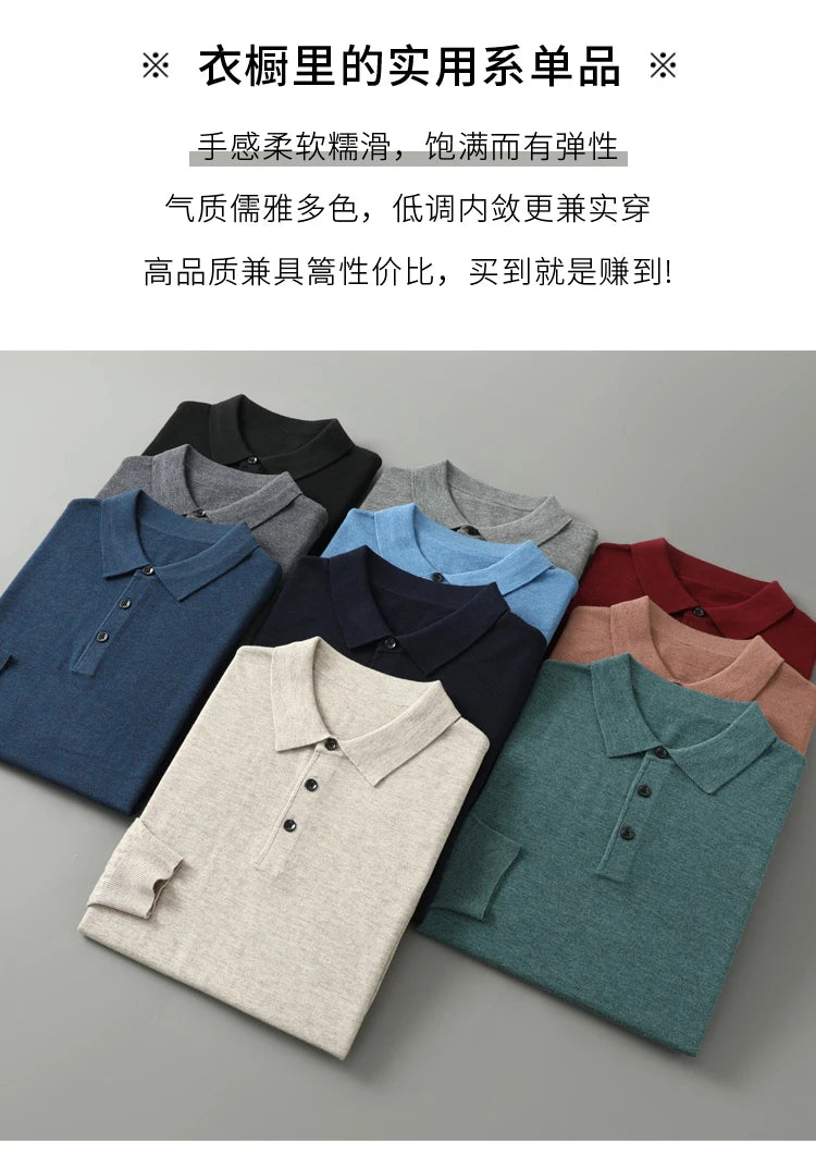 Men's Merino Wool Sweater Polo Collar Pullover Autumn Winter New Cashmere Knitwear Casual Loose Men's Shirts Tops Warm Soft